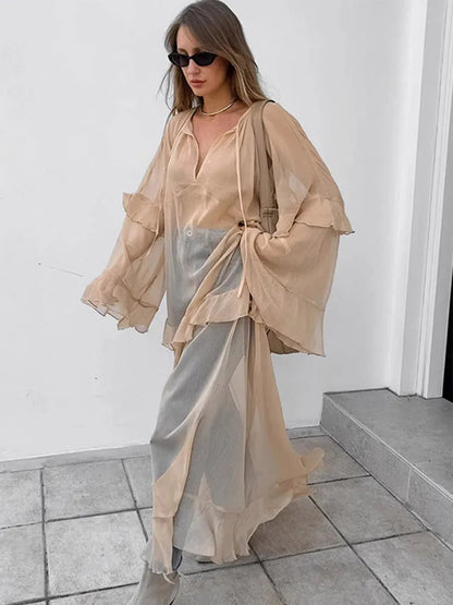 Elegant Solid Multiple Flounces Lace Up Dresses Chic Loose V Neck Full Sleeve Robes New Lady Summer Commute Vacation Gown 2025