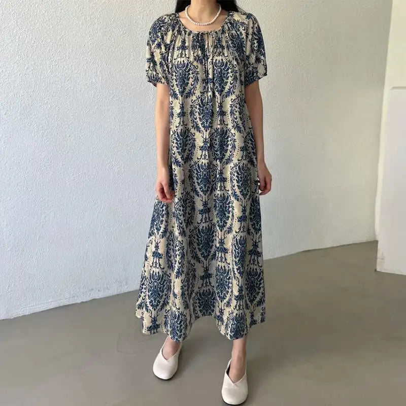 Holiday Summer Maxi Dress Women Fashion Short Sleeve Robe Vintage Printed Bandage O-Neck Sundress Casual Loose Vestidos