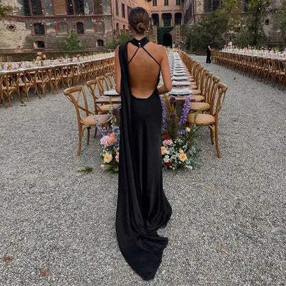 Elegant Satin Ribbons Halter Party Dress Women'S Sexy Backless Off Shoulder Sleeveless Robes 2025 Summer New Lady Evening Gowns