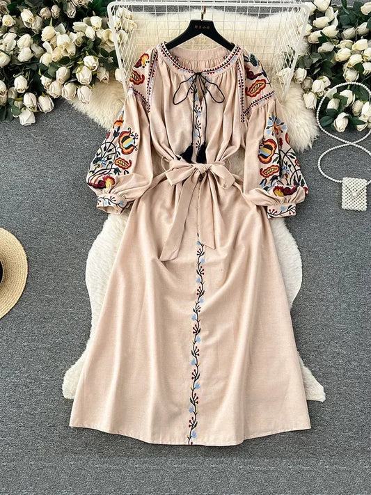 Women Spring Autumn Dress Vintage Ethnic Style Lantern Long Sleeve Embroidered Round Neck Slim A-Line Cotton Linen Dress D4930