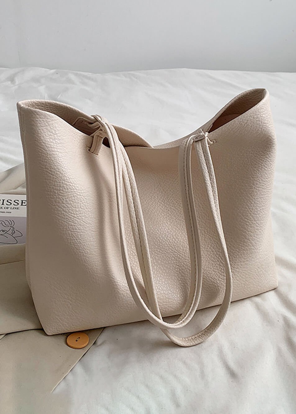 Soft Leather Tote Bag In Beige And Brown