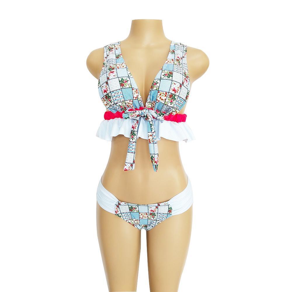 V-Neck Bow Knot Floral Print Bikini Set