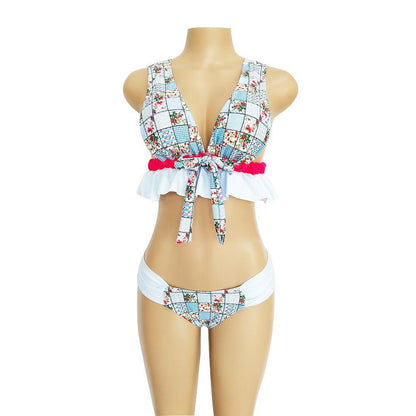 V-Neck Bow Knot Floral Print Bikini Set