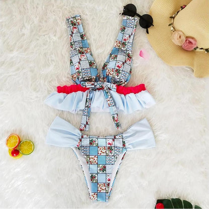 V-Neck Bow Knot Floral Print Bikini Set