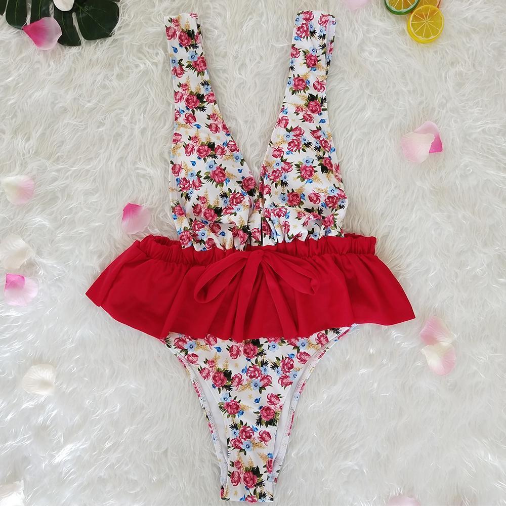 Ruffled Waist Print V-Neck Bow Ins Style One Piece Swimsuit