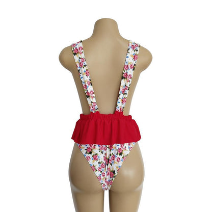 Ruffled Waist Print V-Neck Bow Ins Style One Piece Swimsuit