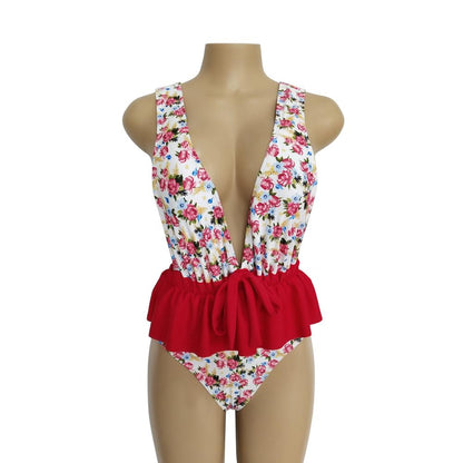 Ruffled Waist Print V-Neck Bow Ins Style One Piece Swimsuit