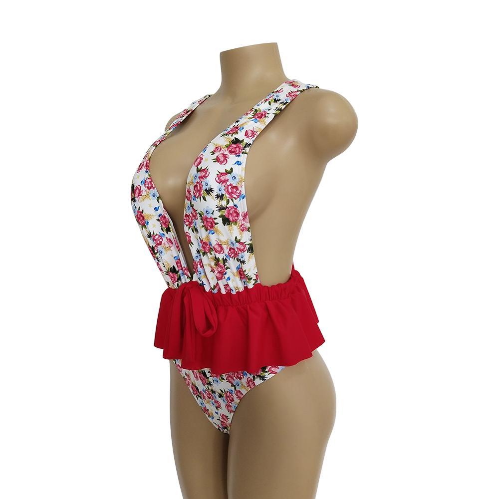 Ruffled Waist Print V-Neck Bow Ins Style One Piece Swimsuit