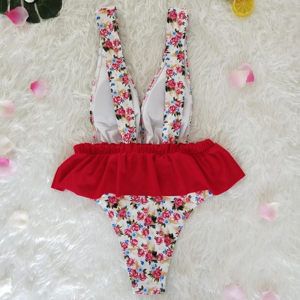 Ruffled Waist Print V-Neck Bow Ins Style One Piece Swimsuit