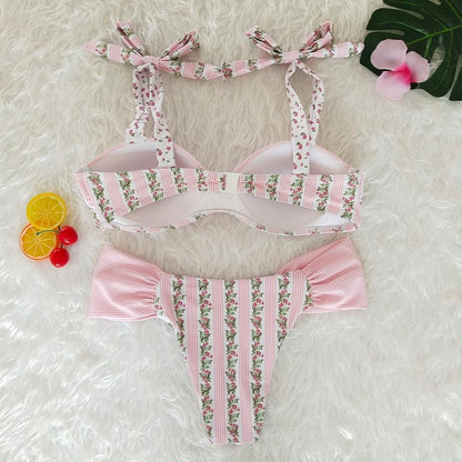 Resort Style Hang Neck Bow Color Block Bikini Set