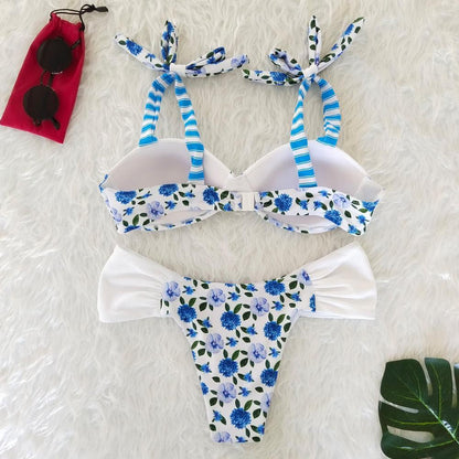 Resort Style Hang Neck Bow Color Block Bikini