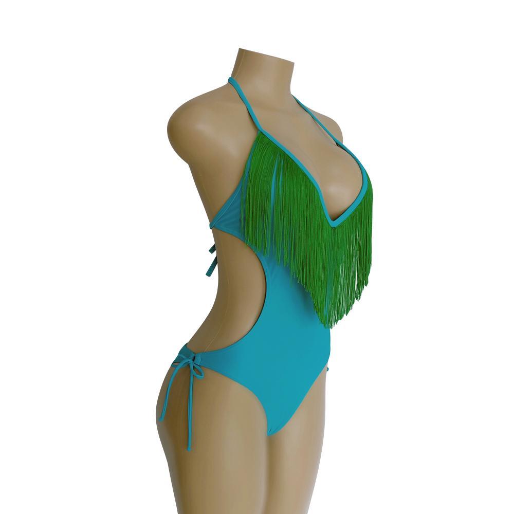 Deep V-Neck Tassels Halterneck One-Piece Swimwear