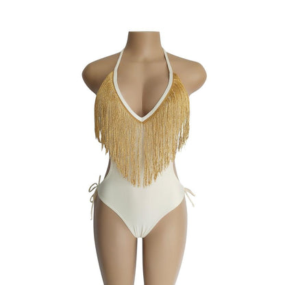 Deep V-Neck Tassels Halterneck One-Piece Swimwear