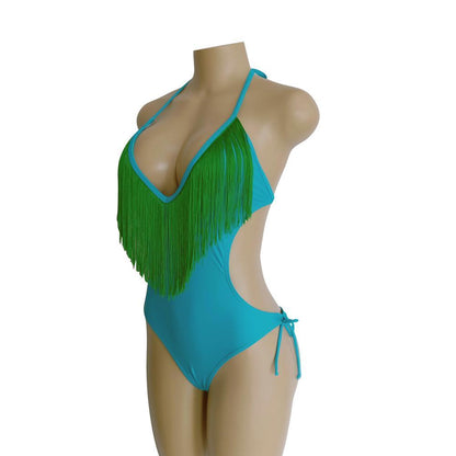 Deep V-Neck Tassels Halterneck One-Piece Swimwear