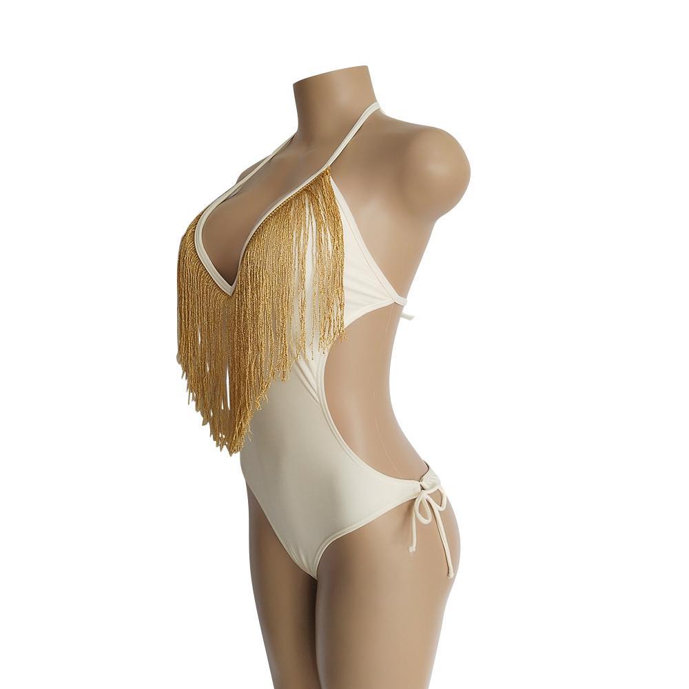 Deep V-Neck Tassels Halterneck One-Piece Swimwear