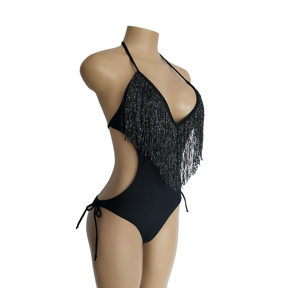 Deep V-Neck Tassels Halterneck One-Piece Swimwear