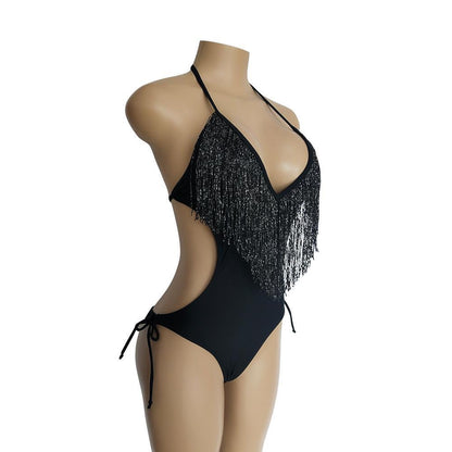 Deep V-Neck Tassels Halterneck One-Piece Swimwear