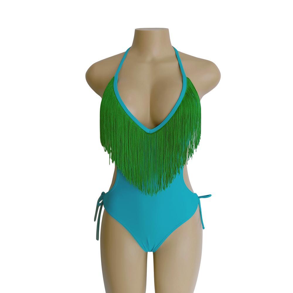 Deep V-Neck Tassels Halterneck One-Piece Swimwear