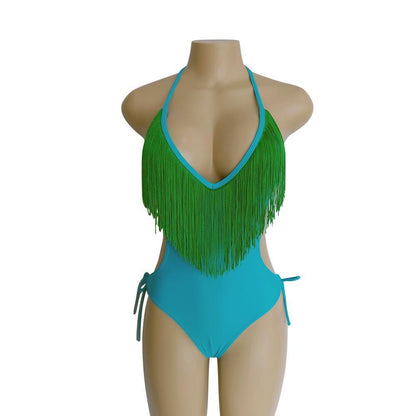 Deep V-Neck Tassels Halterneck One-Piece Swimwear