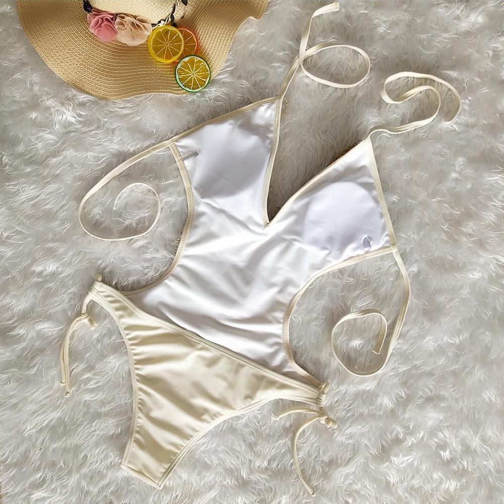 Deep V-Neck Tassels Halterneck One-Piece Swimwear