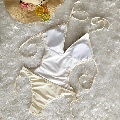 Deep V-Neck Tassels Halterneck One-Piece Swimwear