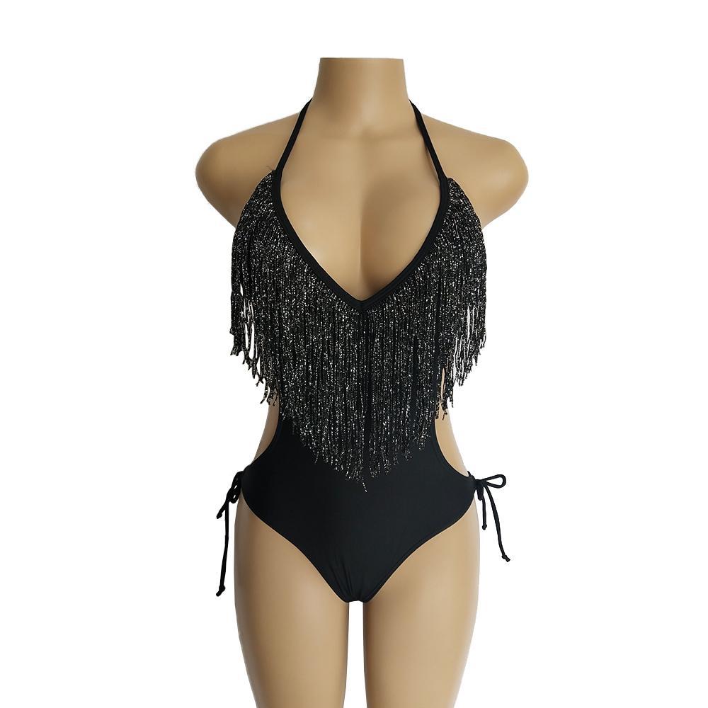 Deep V-Neck Tassels Halterneck One-Piece Swimwear