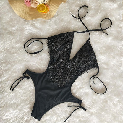 Deep V-Neck Tassels Halterneck One-Piece Swimwear
