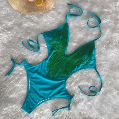 Deep V-Neck Tassels Halterneck One-Piece Swimwear