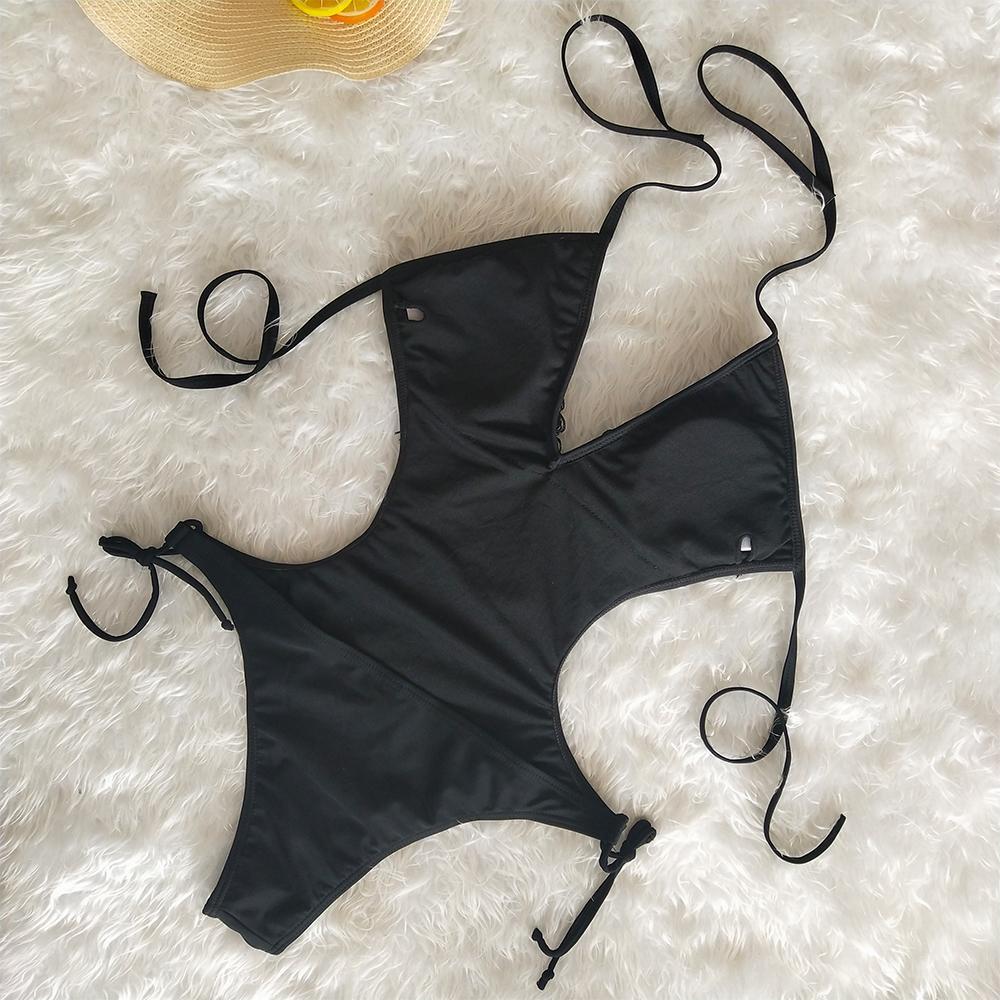 Deep V-Neck Tassels Halterneck One-Piece Swimwear