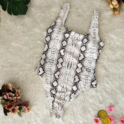 Two Colors Python Pattern Print One Piece Swimsuit