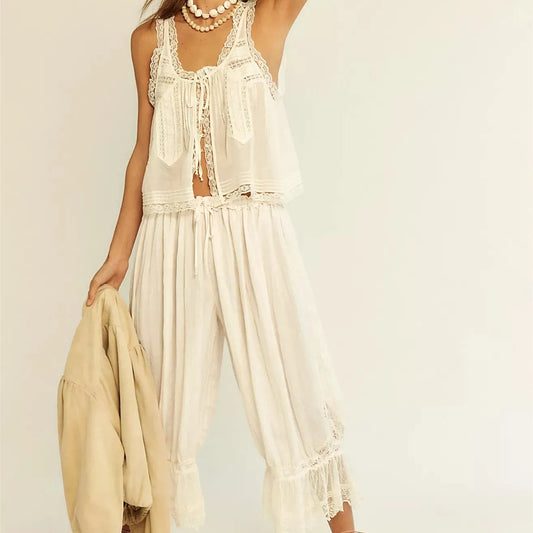 Women'S Boho Vintage 2 Piece Pants Outfit Summer Casual Sleeveless Tie Front Lace Trim Tank Tops Drawstring Pants Sets