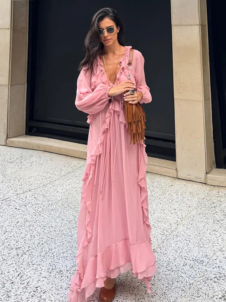 Elegant Solid Multiple Flounces Lace Up Dresses Chic Loose V Neck Full Sleeve Robes New Lady Summer Commute Vacation Gown 2025