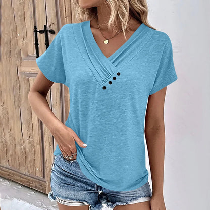 Fashion Women T Shirt Solid Color V Neck Short Sleeve Basic Tops Tee Streetwear Summer Oversized Clothing Female T-Shirts