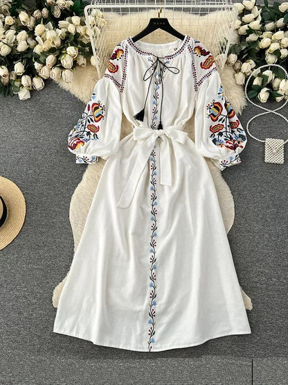 Women Spring Autumn Dress Vintage Ethnic Style Lantern Long Sleeve Embroidered Round Neck Slim A-Line Cotton Linen Dress D4930