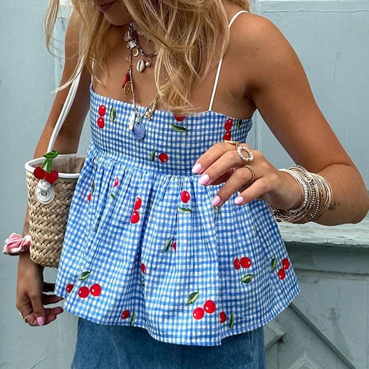 Fairycore Backless Tie Up Crop Tops Cherry Plaid Print Peplum Camisole Summer Holiday Sweet Cute Milkmaid Tank Vest Y2K Clothes