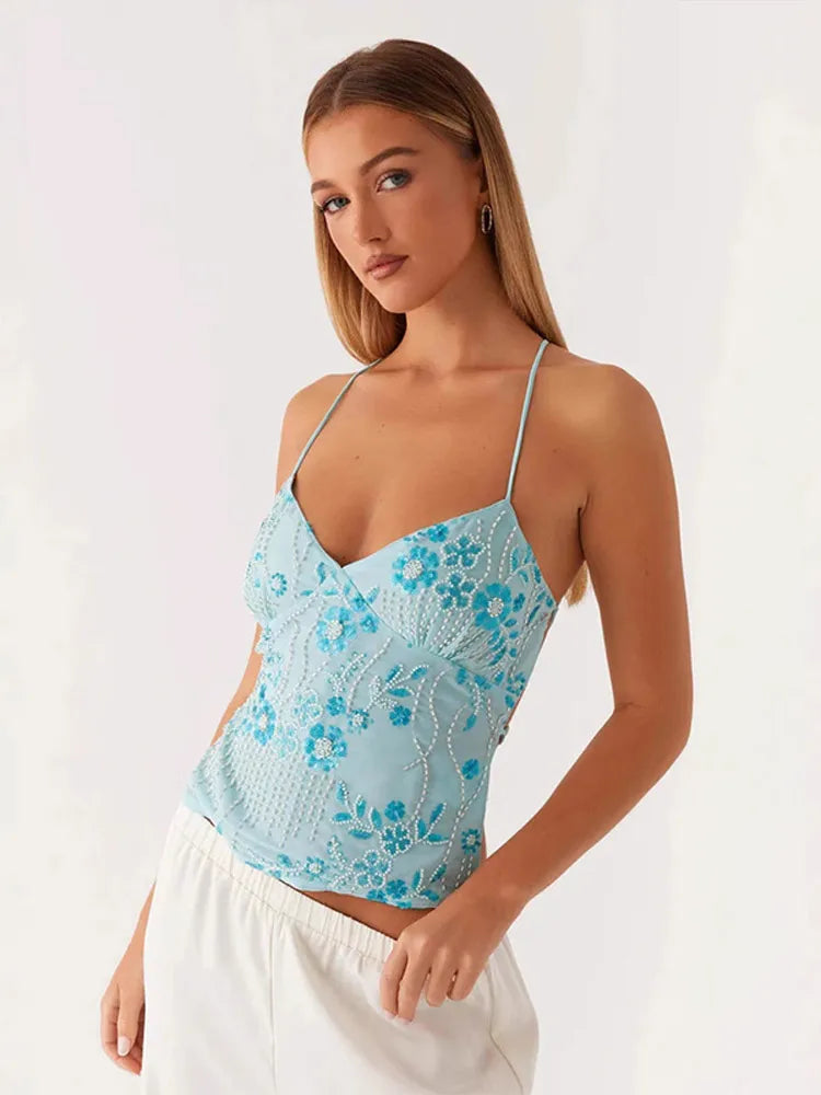 Shiny Sequins V Neck Cropped Vest Women Sexy Lace Up Backless Summer Holiday Halter Tops 2025 Chic Lady Sparkle Sling T-Shirt