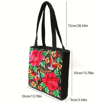 Ethnic Style Flower Embroidery Canvas Tote Shoulder Bag Large Capacity Handbag For Women