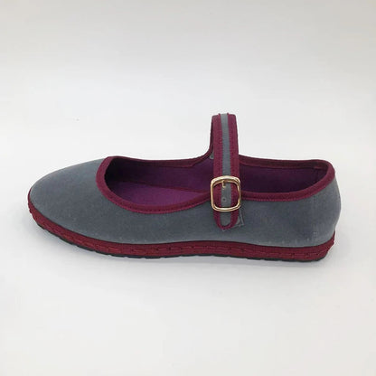 Gray Mary Jeans Flats Shoes Women Round Toe Hand Stitch Velvet Cloth Shoes Ladies Casual Soft Comfortable Ballet Shoes Loafers