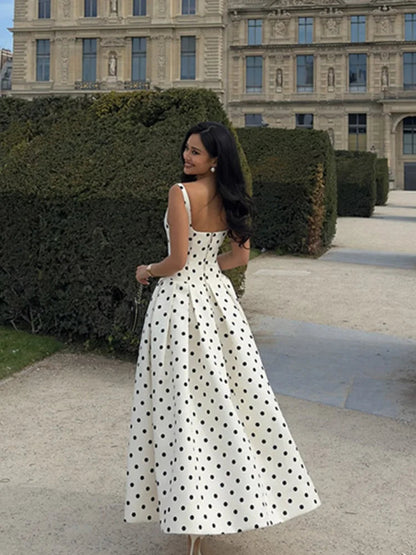 2025 Polka Dot Maxi Dresses Women Elegant Square Neck Lotus Hem Long Gowns Chic Lady Sleeveless High Waist Cinched Summer Robes