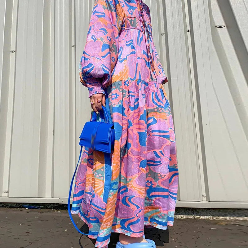 Autumn Fashion Boho Holiday Pleated Dress Women Floral Print Lace-Up Maxi Dress Casual Vintage Lantern Sleeve Loose A-Line Dress