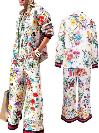 Women'S Fall Casual Outfits Floral Print Long Sleeve Button Down Lapel Shirt With Elastic Waist Wide Leg Pants Sets Streetwear