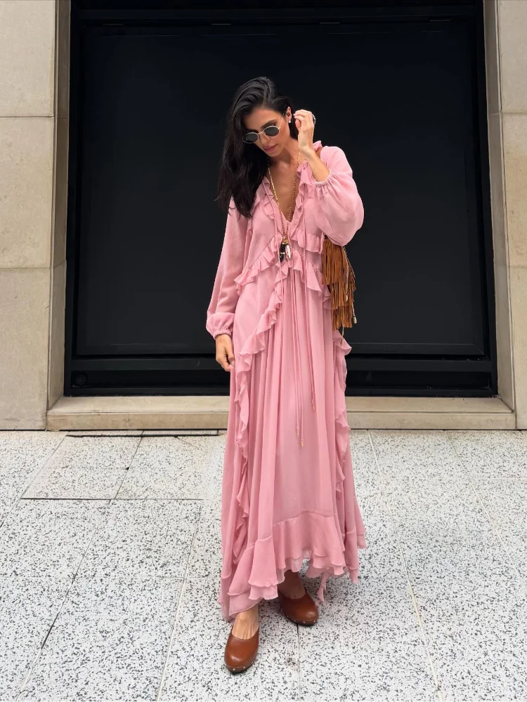 Elegant Solid Multiple Flounces Lace Up Dresses Chic Loose V Neck Full Sleeve Robes New Lady Summer Commute Vacation Gown 2025