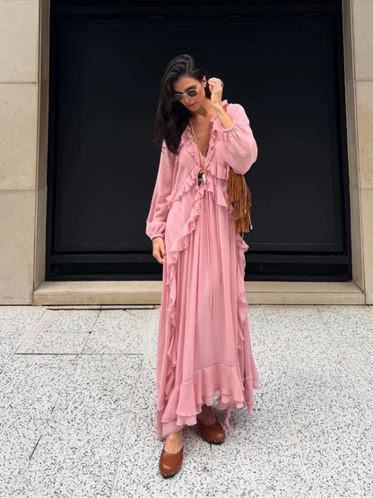Elegant Solid Multiple Flounces Lace Up Dresses Chic Loose V Neck Full Sleeve Robes New Lady Summer Commute Vacation Gown 2025
