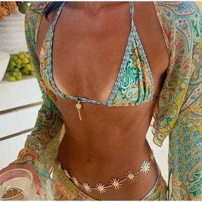 Beach Printed Bikini Skirts Set Women'S Sexy Backless Sleeveless Lace-Up Swimwear Long Skirt 2025 Summer New Lady Vacation Suit