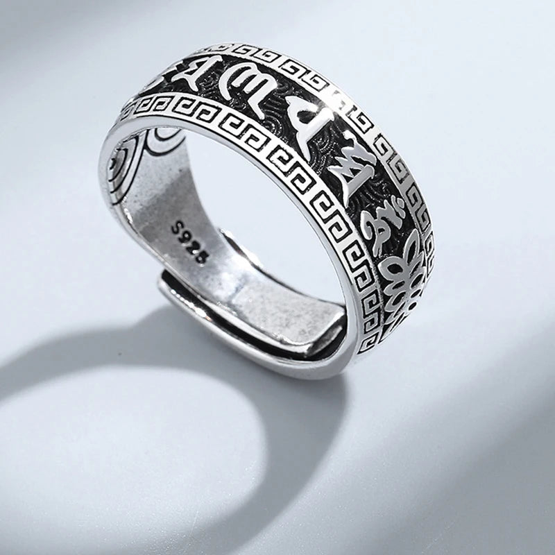 Retro Ancient Silver Plated Buddhist Six Character Daming Mantra Tibetan Resizable Ring For Men Feng Shui Amulet Protection Ring