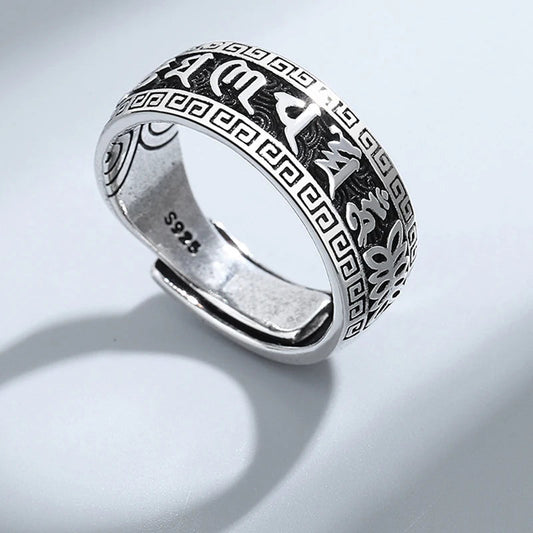 Retro Ancient Silver Plated Buddhist Six Character Daming Mantra Tibetan Resizable Ring For Men Feng Shui Amulet Protection Ring