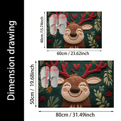 1Pc Fluffy Christmas Deer Microfiber Bath Mat - Quick-Dry & Absorbent, Festive Holiday Design With Red Berries & Green Leaves