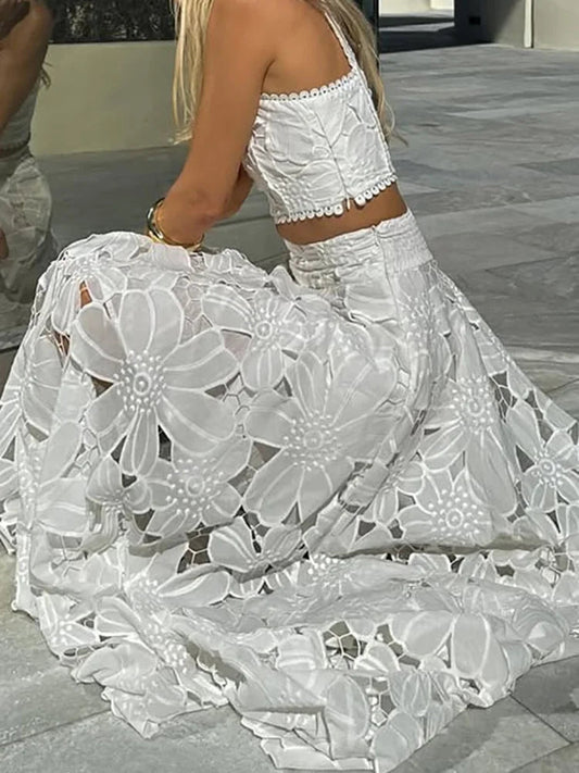 Spring Summer Holiday Boho Outfit Women Sexy O Neck Sleeveless Crop Top & Maxi Skirts Set 2025 Fashion Embroidery Lace 2Pcs Suit