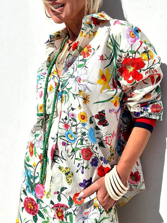 Women'S Fall Casual Outfits Floral Print Long Sleeve Button Down Lapel Shirt With Elastic Waist Wide Leg Pants Sets Streetwear