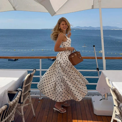 2025 Polka Dot Maxi Dresses Women Elegant Square Neck Lotus Hem Long Gowns Chic Lady Sleeveless High Waist Cinched Summer Robes